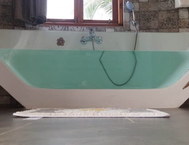 Luxury bathroom with glass bathtub and toilet